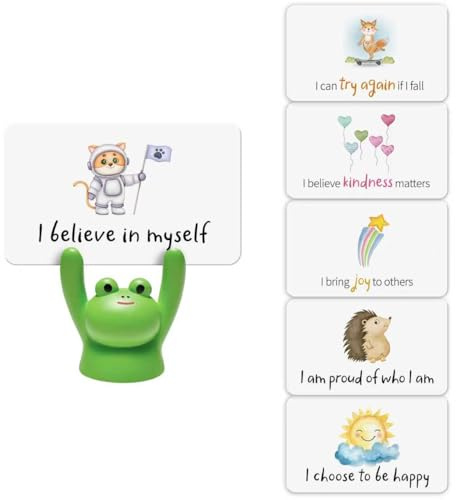 Affirmation Cards with Green Frog Holder – 31 Positive Messages + 30 Blank Cards for Kids & Teens to Build Confidence, Self-Care & Joy – Gift for Children, Teachers & Coaches