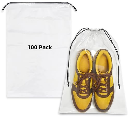 100 Pack Clear Shoe Bags for Travel, 12x18 Large Travel Shoe Bags for Storage and Packing, Waterproof Drawstring Shoe Bag for Traveling, Bulk Travel Essentials for Men and Women