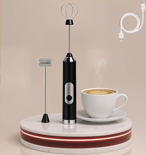 Powerful Premium 3-Speed Rechargeable Milk Frother, Handheld Mini Electric Eggs Drink Mixer Foam Maker with 2 Stainless Steel Whisks, USB-Charging Coffee Frother for Latte, Cappuccino, Matcha & More