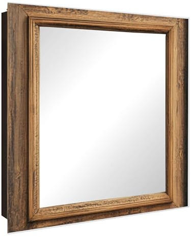 banjado Schlüsselkasten mit Spiegelfront - Schlüsselbox 30cm x 30cm mit 50 Haken - Korpus schwarz Scharnier rechts -Schlüsselkasten modern für Schlüsselaufbewahrung - Motiv Rustikaler Holzrahmen
