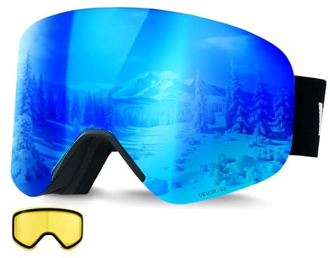 VEVOR Masque de Ski Revêtement Revo Bleu Foncé Masque de Snowboard OTG, avec Verres Cylindriques Magnétiques, Double Ventilation Anti-buée, Lunettes de Motoneige pour Garçons, Filles, Hommes, Femmes