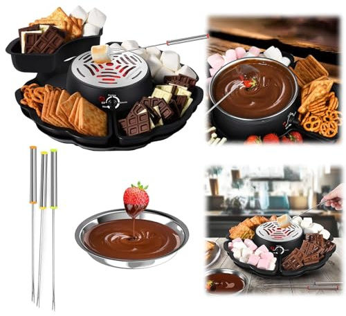 2 in 1 Smores Maker & Fondue Set - Indoor Tabletop Roaster with Adjustable Temp, 4 Detachable Trays, Roasting Forks & Heated Bowl - for Movie Nights Black