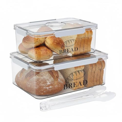 Punorric Bread Bin, 2 Pack Airtight Clear Bread Storage Container with Lid and Tongs, Plastic Time Recording Kitchen Storage box, Stackable Food Containers for Homemade Toast, Bagels and Cookies