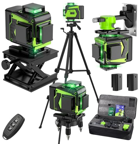 Niveau Laser Chantier Autonivelant 360° x 4 Avec trépied, Lazer Niveaux 4D 16 Lignes Laser, Mode Impulsion ExtéRieur, 2 x Batterie, Nivellement Automatique, Support Rotatif, Télécommande