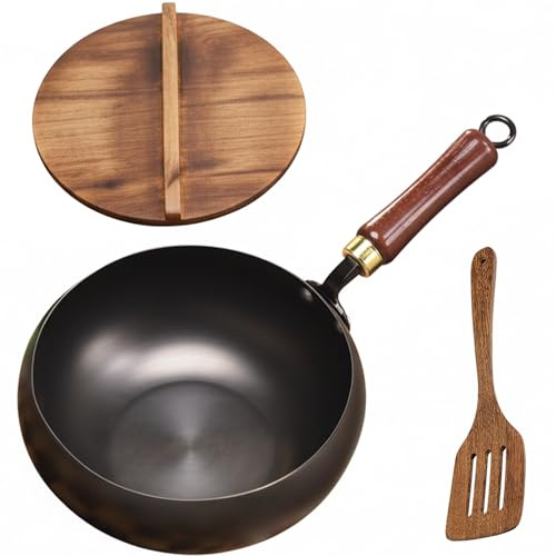 Orrdiffi Casserole en Fer Forgé à la Main Poêle en Fer Non Revêtue avec Couvercle Spatule et Manche en Bois 28 cm Résistant Poêle Forgée Durable pour Feu Gaz et Induction
