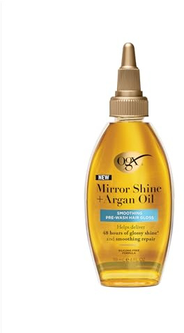 OGX Mirror Shine + Vernis à cheveux pré-lavage à l'huile d'argan, traitement de rinçage, brillance brillante, réparation lisse, léger, sans silicone, répare les pointes fourchues, 118 ml