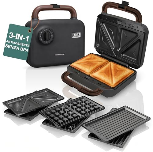 LEBENLANG Sandwich Maker 3 in 1-750 W Incl. 3 inserti per Grill, Sandwich & Waffle I Tostiera elettrica piastre 3 in 1 Piastra toast Toastiera Elettrica Waffle Maker Toaster Sandwich Griglia Toast