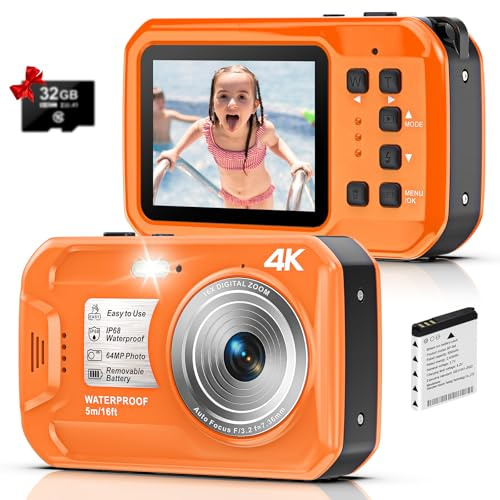 Unterwasserkamera 4K 16FT wasserdichte Kamera mit 32GB Karte 64MP Autofokus Dual-Screen Selfie zum Schnorcheln