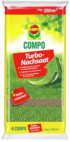 COMPO Turbo‑Nachsaat Premium Rasensamen, 5,0 kg für 250 m² | schnellkeimend und mit Keimsicherheit zur schnellen Reparatur von strapazierfähigen Spiel‑ und Gebrauchsrasen, Nachsaat Rasen