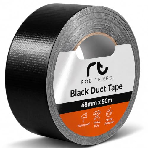 Roe Tenpo Black Duct Tape - 48mm x 50m, Heavy Duty Gaffer Tape, Waterproof, Extra Strong Adhesive, Residue-Free, Ideal for Sealing, Wrapping, Plumbing & Indoor/Outdoor Repairs (Black, Pack of 1)
