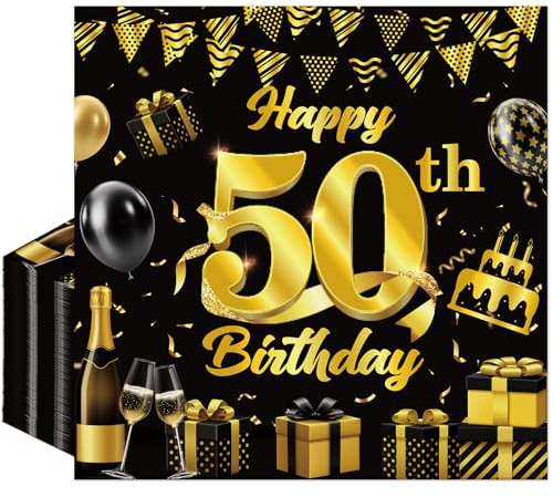 Afritee Servietten 50. Geburtstag Mann Frau, 50 Stück Schwarz Gold 50. Geburtstag Deko Papierservietten, 50th Happy Birthday Napkins Tischdeko Tischdekoration Für Männer Und Frauen, 16.5x16.5cm