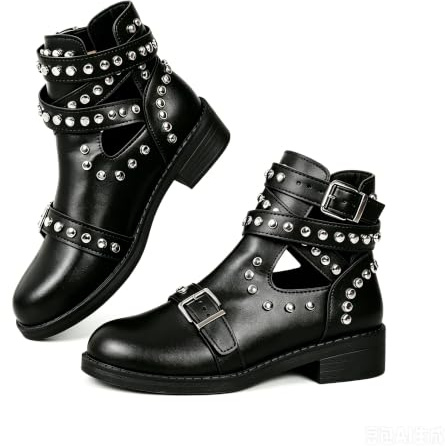Botines punk con tachuelas para hombre, botines con hebilla y tiras recortadas, zapatos góticos de moda para fiestas informales, uso diario, Black, 38 2/3 EU