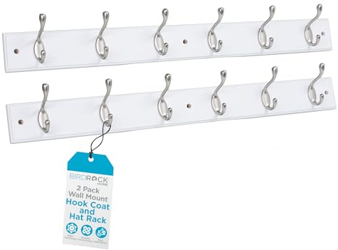 BIRDROCK HOME Oval Hook Coat and Hat Rack | 6 Hooks | 2 Pack | White Finish | Wall Mount | Satin Nickel Hooks