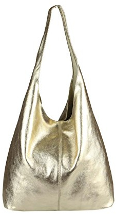 OBC Made IN Italy Damen Leder Hand-Tasche METALLIC Shopper Schultertasche Hobo-Bag Henkeltasche Beuteltasche Silber