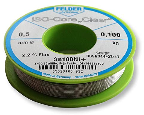 Felder Lötzinn ISO-Core Lötdraht Clear Sn100Ni+ Sn99,3CuNiGe (0,5 mm auf 100 g)