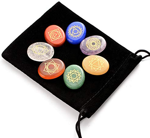 Piedras curativas naturales para chakras Hivexagon, juego de 7 piedras de preocupación con símbolos, cristales curativos de energía y reiki para meditación, concentración, crecimiento espiritual