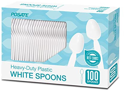 POSATE Plastic Spoons, White, Heavy weight, 100 Count
