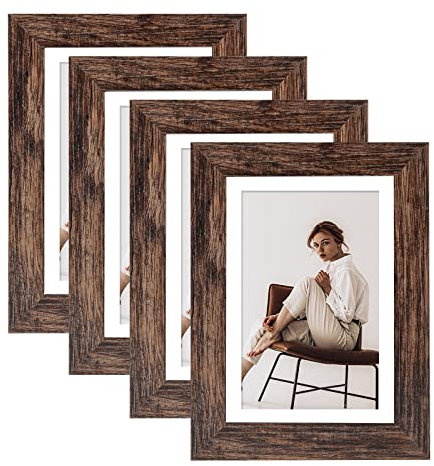 Belegao Bilderrahmen 13x18 cm 4er Set Fotorahmen Vintage mit Passepartout MDF Bruchsicherem Acrylglas Freistehende für Wand Tischrahmen, Geschenk, Dekoration (Braun, 13x18cm)