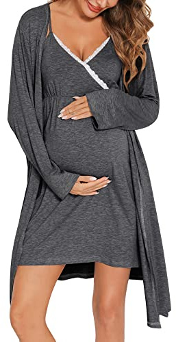 SWOMOG Womens Maternity Robe 2PCS Nursing Nightgown for Breastfeeding 3 in 1 Labor Delivery Nursing Robe Set Lace Bathrobe
