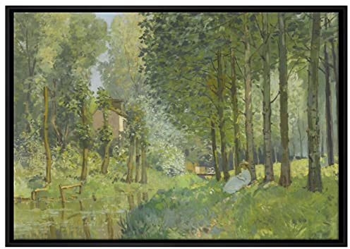 Pixxprint Alfred Sisley - Rest Along the Sream Edge of the Wood Leinwandbild 100x70 cm im Bilderahmen, Wandbild, Schattenfugenrahmen, Kein Poster