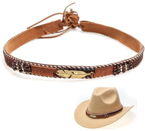 Halukakah Bandeau de Cowboy pour Hommes Femmes Millésime Occidental Style Rétro Tricot Fait Main La Plume Cuir Taille Ajustable