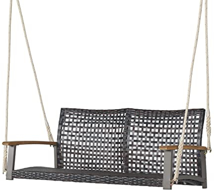 GOPLUS Rattan Hängebank 2-Sitzer, Schaukelbank mit Armlehnen aus Massivholz, Gartenschaukel mit Haken & Schnur, Gartenbank zum Aufhängen, Hängeschaukel für Garten