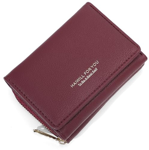 HAIWILL Mini Geldbörse Damen Leder Kleines Portemonnaie Kapazität Geldbeutel Geldtasche Damengeldbörsen Viele Fächer Gross (Rot)