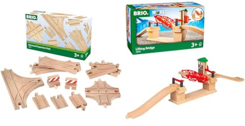 BRIO World 33307 Schienen- und Weichensortiment 11 Weichen aus Buchenholz & World 33757 Hebebrücke Eisenbahnzubehör Holzeisenbahn Kleinkinderspielzeug empfohlen für Kinder ab 3 Jahren