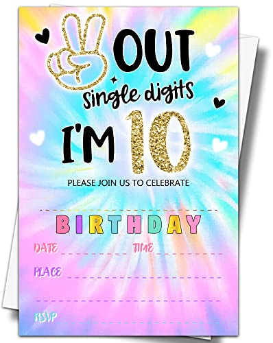 YSTEP Tie Dye 10th Birthday Party Invitations, 20 Invite Cards with Envelopes, 4x6 Peace out Single Digits Birthday Party Invites - A13