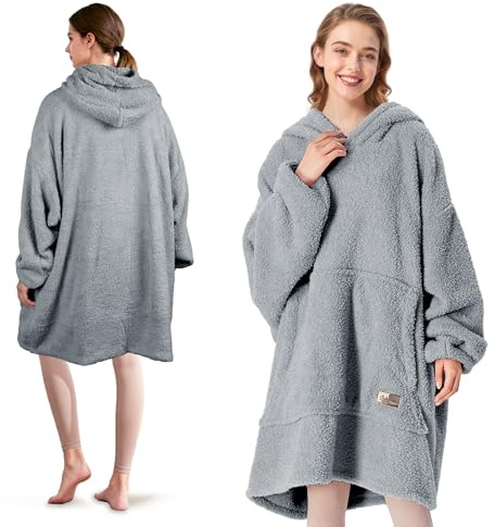 Catalonia Classy Wearable Oversized Hoodie Blanket, Snuggle Sherpa Blanket Hoodie, Warm Throw Blanket Sweatshirt with Sleeves for Winter, Gifts for Mum Women Men Adults Teens, Grey