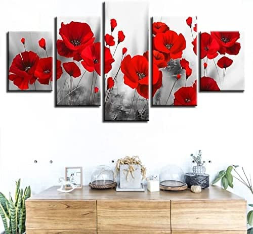 5 Stück Leinwand Poster Wandkunst Romantische Mohnblumen (Xxl/Mit Rahmen 200 X 100 Cm) Wanddekoration Modernes Kunstwerk Gemälde Für Home Office Wohnzimmer Schlafzimmer Für Esszimmer Kinde -5V0K/X0S