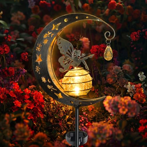 Ninonly Solar Lights Outdoor Garden Ornaments, Metal Moon Fairy Light Waterproof, Decorative Glass Ball Stake Lights, Fairy Garden Decorations for Grave Pathway Yard Patio Lawn