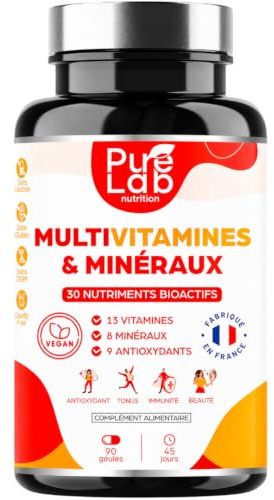 MULTIVITAMINES ET MINERAUX 30 Nutriments Bioactifs - 90 gélules Vegan 45 jours - Immunité, Tonus, Antioxydant - Dosage optimal - Sans lactose ni gluten - Pure Lab Nutrition® - Fabriqué en France