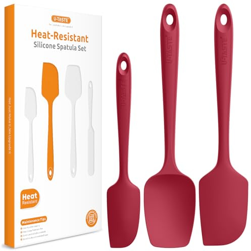 U-Taste Silicone Spatula Set of 3: 315 ℃ High Heat-Resistant Rubber Bowl Scraper, Seamless Food Grade Flexible Kitchen Utensils for Cooking Baking Mixing & for Nonstick Cookware (Red) | Cooking Baking Mixing Rubber Bowl Scraper, Food Grade Seamless Flexible Kitchen Utensils, Non Stick Spoonula for Cookware
