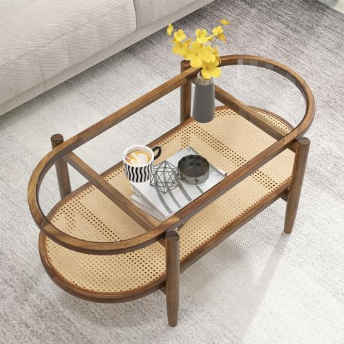 GIANTEX Rattan Couchtisch Oval, Wohnzimmertisch Holz mit Glasplatte & Rattan Ablage, 102x56x47 cm, Kaffeetisch Wohnzimmer, Beistelltisch Sofatisch Oval mit Ablage, Teetisch Eiche mit Massiv Holzbeinen