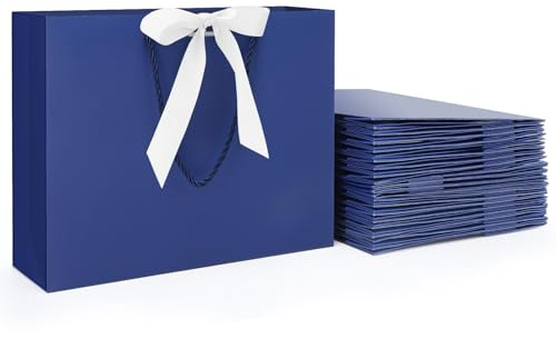 EUSOAR Geschenktüte mit Schleife Blau - 20 stück Geschenktaschen Dunkeblau mit Schleifenbändern - M 27x8x21cm Papiertüten Navy mit Schleifenband Mittel - 210GSM Geschenksackerl für Mann Geburtstag
