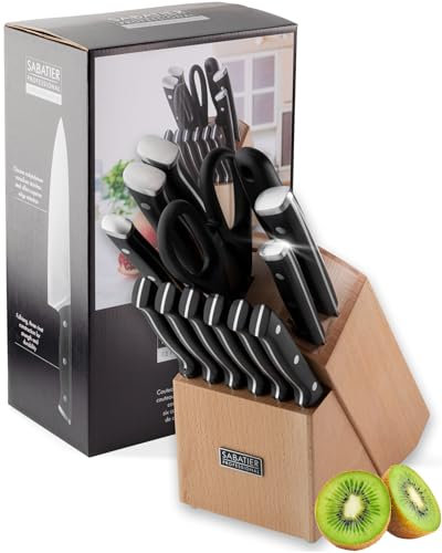 Sabatier 13pce Kitchen Knife Block Set - 5 Premium Knives, 6 Steak Knives, Scissors & Sharpening Steel, Beech Wood Block, Full Tang Chrome Molybdenum Vanadium Stainless Steel Blades, 25 Year Guarantee