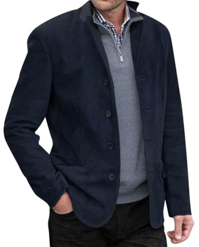 Onsoyours Sakko Giacca da Uomo in Lana Tweed Vintage Suede Giacche Blazer Doppio Strato Cappotto di Media Lunghezza Autunno Inverno Giacca Outdoor B Bluscuro L