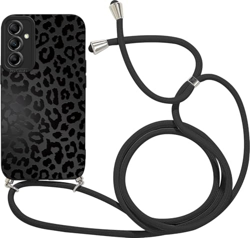 Coalbooliy Handykette für Samsung Galaxy A55 5G Hülle mit Band, Aesthetic Leopard Muster Verstellbarer Halskette Handyhülle Kordel Umhängen Silikon Case Stoßfest Schutzhülle Kette Mädchen Cover, 01