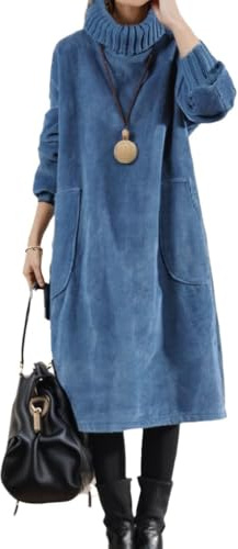 Hecatombic Robe d'hiver en velours côtelé pour femmes à manches longues et col rond chaude grande taille avec poches robe longue mini-robes trapèze vintage (Bleu,Grand)