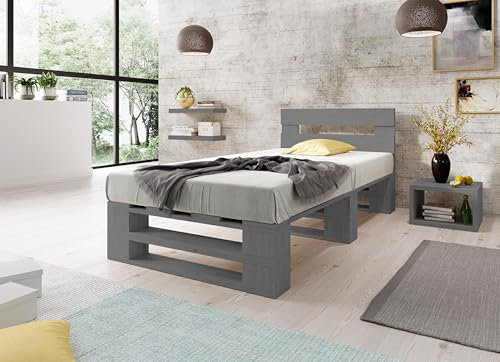 Lermowood Palettenbett M2 aus Holz 120 x 200 cm Grau mit Kopfteil Holzbett 30cm Stabiles Seniorenbett Kinderbett Jugendbett Gästebett erhöhtes Einzelbett Bettgestell Futonbett Komforthöhe Naturholz