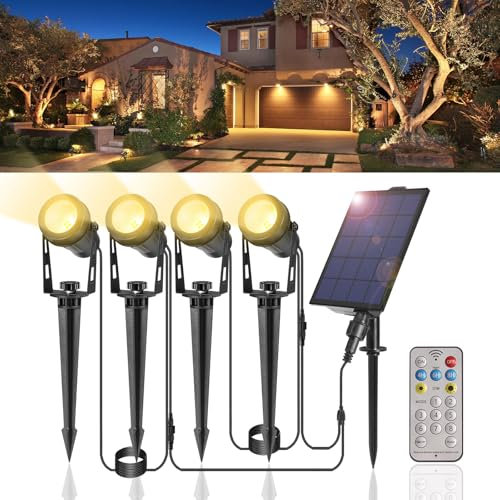 IRISECO 4 in 1 Solar Spot Lights Outdoor Garden, IP65 Waterproof Landscape Spotlights Solar Powered with Remote Control 8 Modes 2700K Warm White LED Outdoor Uplighters for Garden Yard Porch Patio