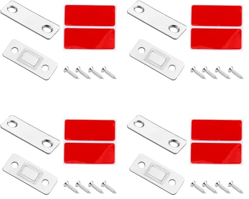 Confezione da 4 Calamite Autoadesive per Porte, Calamite Argentate, Chiusure Magnetiche Piatte Autoadesive per Ante di Armadi e Portefinestre - Calamite per Mobili Resistenti alla Corrosione con una T