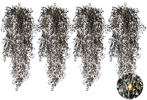ASDJHFABKY Plantas Artificiales de helechos de 76 cm con 30 Luces LED, 4 Unidades, para el hogar, Sala de Estar, Pared, Ventana, Porche, Oficina, decoración de Bodas (Negro)