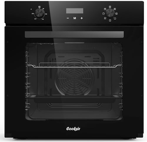 Cooksir Four Encastrable 60CM avec Prise, 60 Litres, 2000W, 7 Fonctions, Bouton Rotatif, Minuterie Électronique 10 Heures, Tube Supérieur Simple, Ventilateur Arrière 60cm