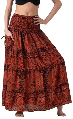 Long Skirts for Women Tiered Maxi Boho Skirt Hippie Clothes Bohemian Print with Pocket (Small, Medium, Blossom Orange)