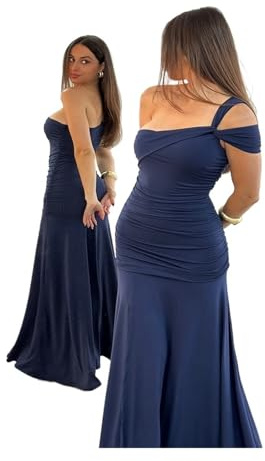 ZGXNYI Elegante Vestido Largo Ajustado Irregular de un Solo Hombro for Mujer, Sexy, sin Espalda, for Fiesta, Club, Noche.(Blue,S)