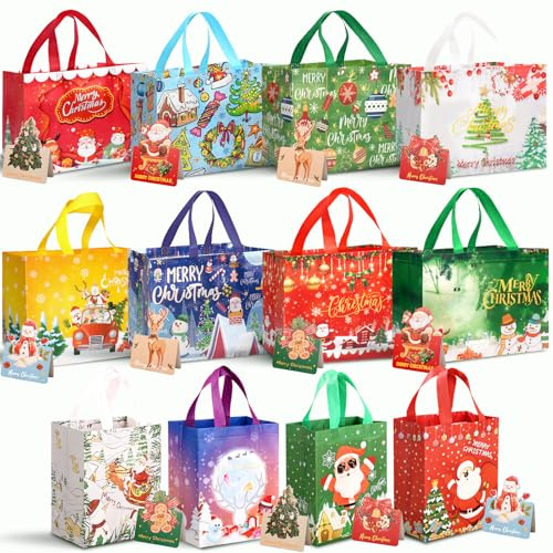 AgagaQx Borsa Regalo in Tessuto Non Tessuto, 12 Pezzi Bustine Natalizie con Manico, Buste Natalizie per Regali Riutilizzabili, Sacchettini Natalizi Colorato, Pacchetti Regalo Natale per Regalini Festa