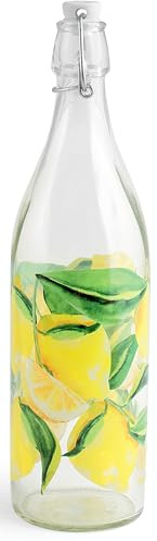 Bouteille en Verre 1,2L avec Décor Citron et Fermeture Mécanique – Hermétique, Réutilisable et Élégante pour Jus, Limonade, Eau ou Déco de Table – Style Méditerranéen Frais