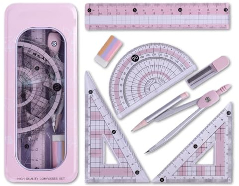 Set di 7 goniometri e bussola, set di geometria rosa per la scuola secondaria, set di matematica con goniometro a 180°, righelli, triangoli, compasso, kit matematico, per studenti e ragazze